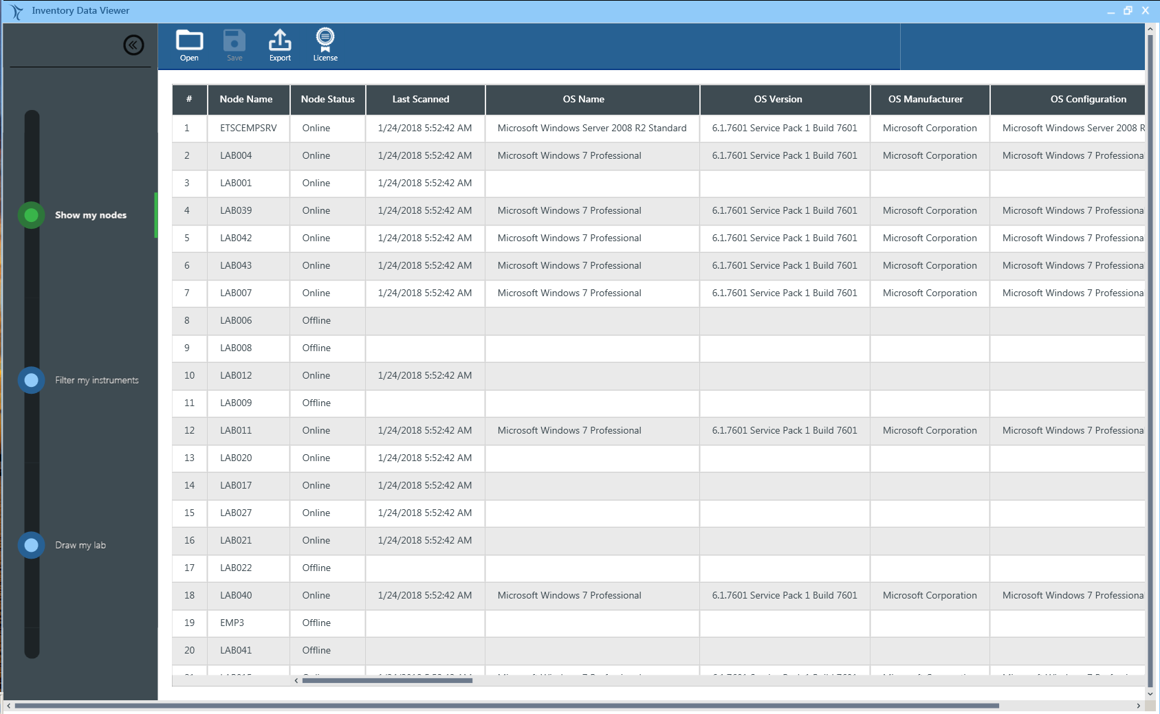 The Show my Nodes dashboard provides the details of each LAC/E server, including its location,